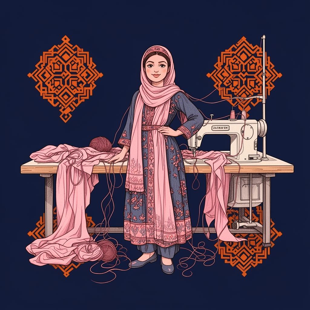 An Afghan woman at her sewing machine, hands working a length of cloth